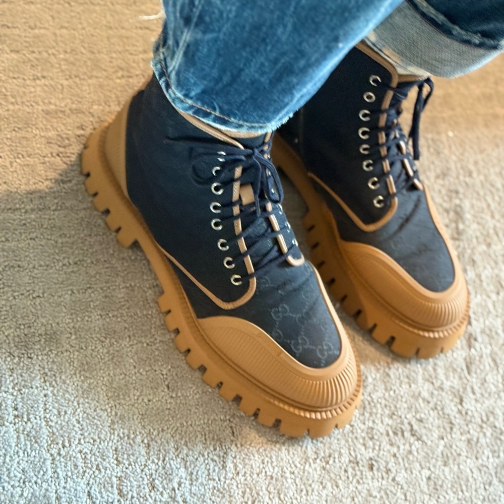 Authentic Gucci Tan and Blue Boots with Rugged Sole